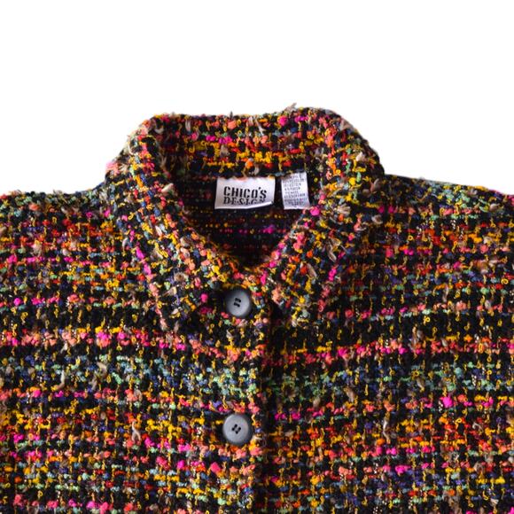 Chico's Design Colorful Vibrant Tweed Fringe Knit Jacket Size XL - Picture 2 of 5